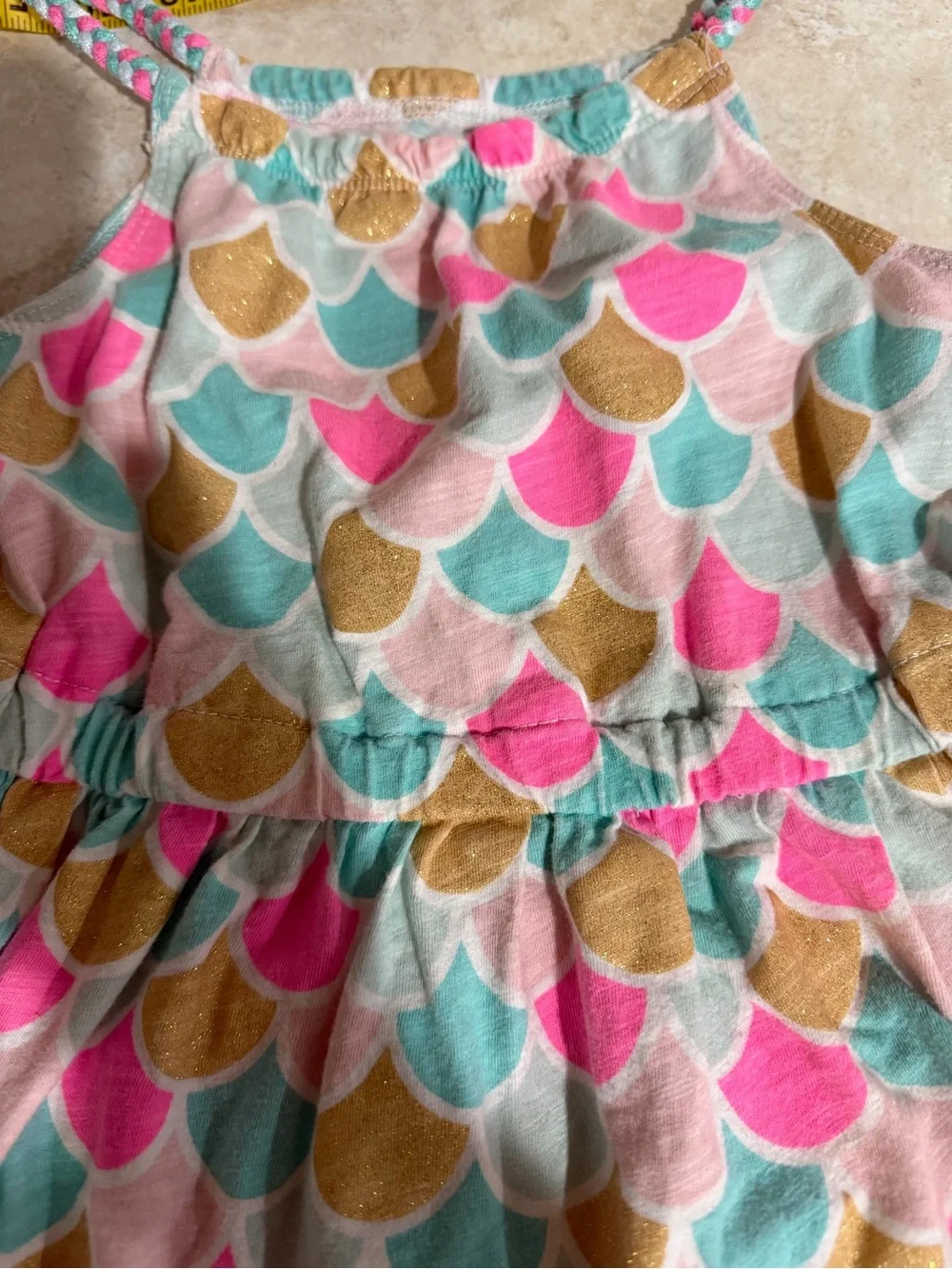 Carter’s Girls 5T Mermaid Scale Sundress Pink Teal Gold Braided Strap Dress